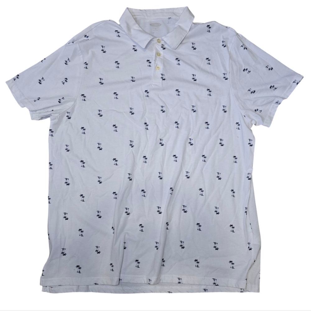 Old Navy T-Shirt Men's Size 2XL Soft-Washed White Collared Top Blue Palm Trees